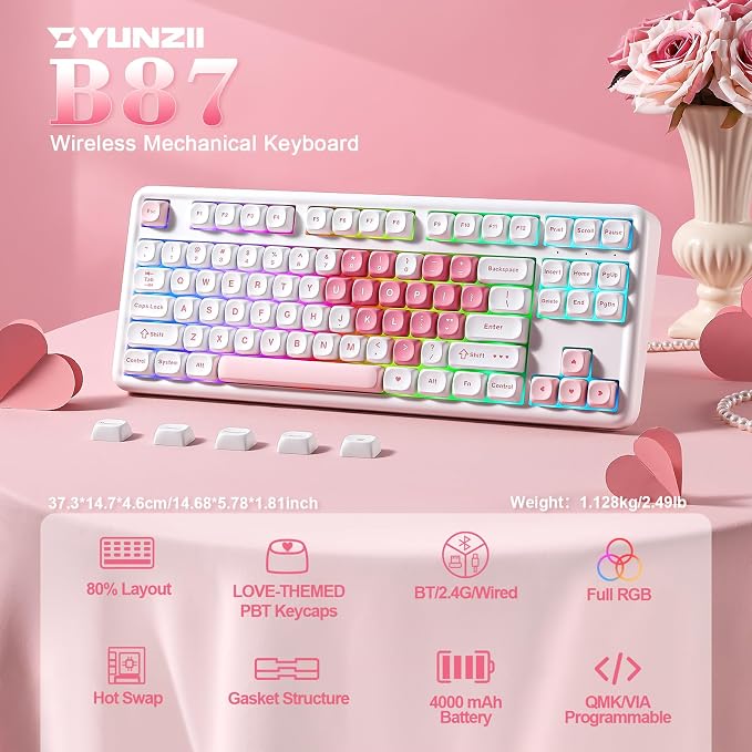 YUNZII B87 TKL Wireless Mechanical Keyboard (White Heart,Milk Switch) | QMK/VIA, Wrist Rest, CreamyTyping, Cute MOA Keycaps, Gasket Mount, Hot Swap, RGB Backlit, NKRO, BT/2.4G/USB-C, for Win/Mac - Image 2