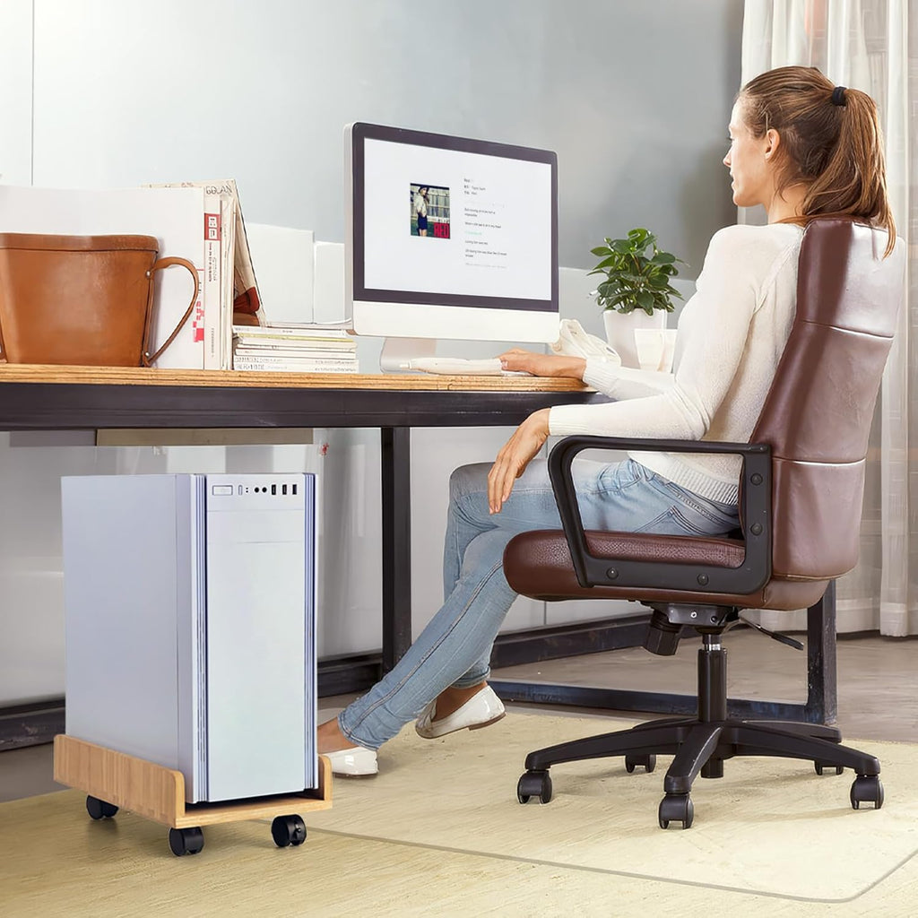 KIRIGEN Wood Computer Tower Stand with Wheels, Rolling PC Cart, Natural - Image 6