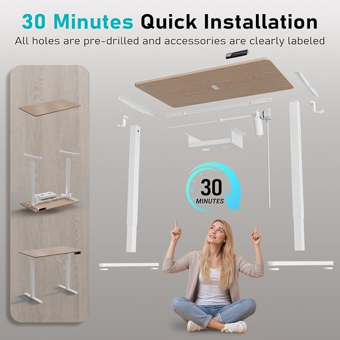 35" Electric Standing Desk, Small Sit Stand up Desk, Light Walnut | Height Adjustable Computer Desk for Home Office, Compact Work & Gaming Desk with Cable Management and Stable Steel Frame - Image 9