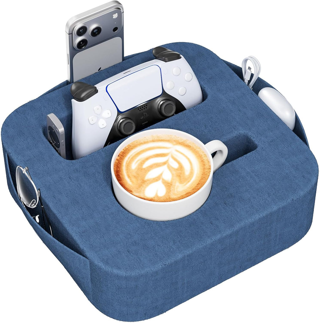 Couch Cup Holder Pillow, Couch Caddy for Drink, Snack, Phone, Remote, Game Controller, Removable and Washable Cup Cozy Pillow, Small Sofa Cup Holder Tray for Bed, Car, Desk, Sofa, Blue by Heyife