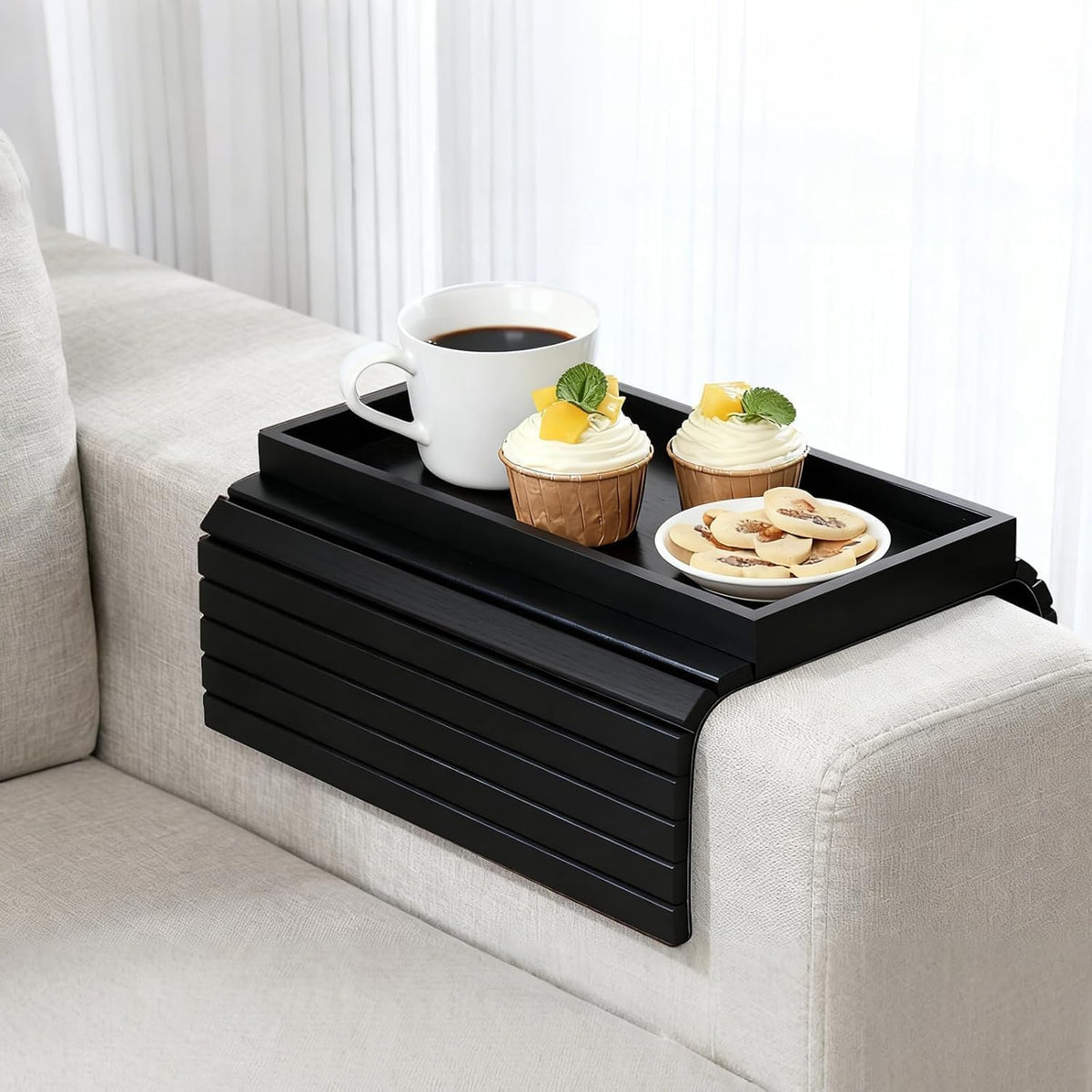Bamboo Couch Arm Tray, Foldable Sofa Tray Table for Couch, Anti-Falling Sofa Cup Holder, Portable Sofa Arm Chair Table for Drink,Cups, Eats，Snacks, Phone, Remote, Black by Lacwabvh