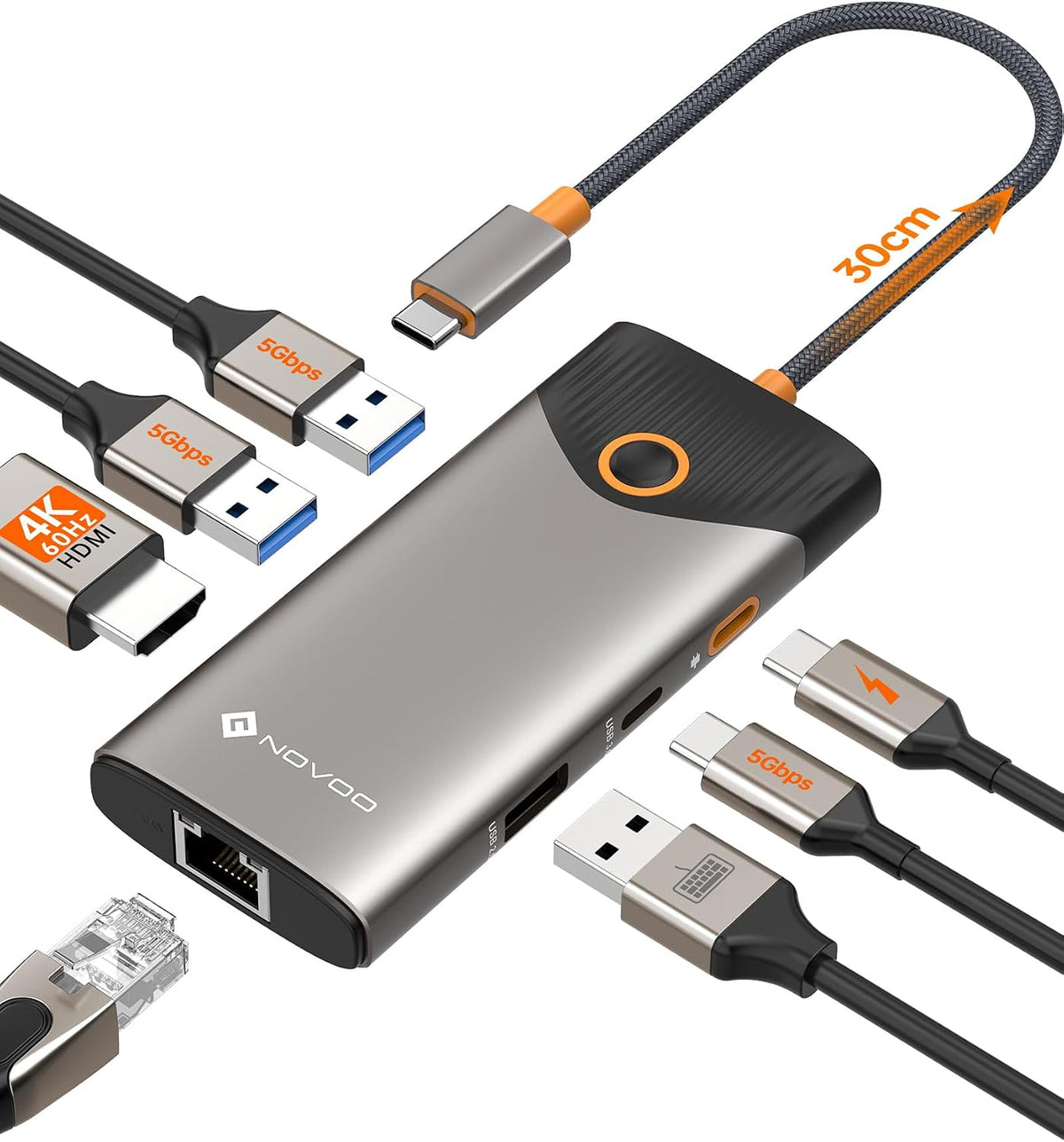 NOVOO USB C Hub Ethernet 4K@60 USB C HDMI Adapter Multiport Type C Adapter, 100W PD, 5Gbps USB-A/C Data Ports Docking Station Compatible for MacBook/iPhone/Dell/HP/Surface by NOVOO