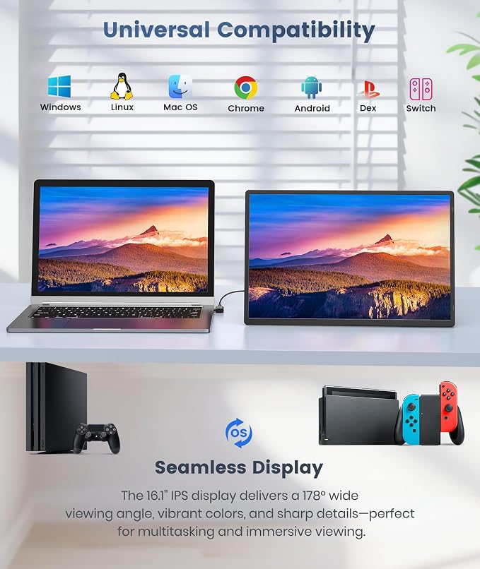 Synnov Portable Monitor, 16" 1200P FHD Laptop Screen Extender | 360° Rotating Detachable Stand, Plug & Play Travel Monitor, Ultra-Slim & Zero-Frame Dual Screen, For Wins/MacOS/Android - Image 7