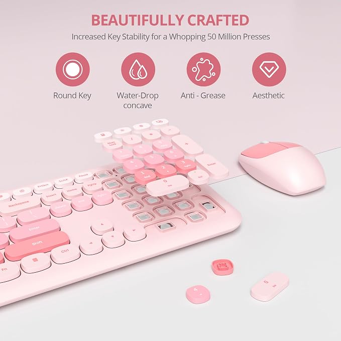 Surmen Cute Pink Keyboard and Mouse Wireless Silent, Full-Size Retro Typewriter Wireless Quiet Slim Keyboard Low-Noise 2.4GHz for Computer, Desktop, Laptop(6-Diary Pink) - Image 3