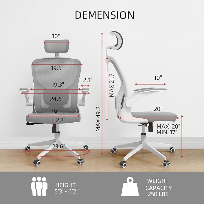 Monhey Office Chairs, Ergonomic Office Chair, Computer Chair with Adjustable Headrest, Lumbar Support, 2D Armrest, Metal Base and Iron Legs, White Frame Grey Mesh Office Chair - Image 2