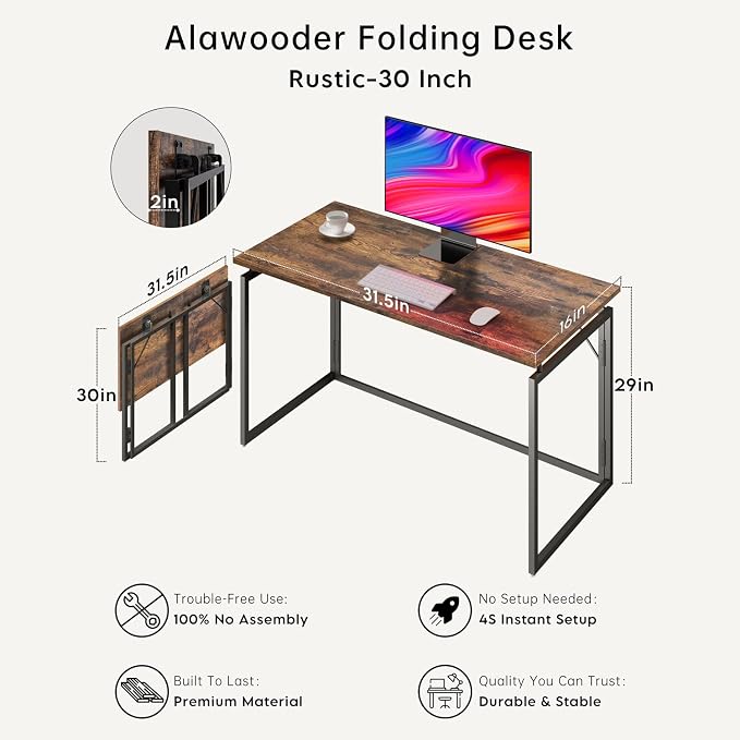 31.5" Folding Desk: No Assembly, Wood Top for Small Spaces | Home office desk, holds 150 lbs, folds flat to 2.3 in, splash-proof wood top, sturdy metal frame - Image 5