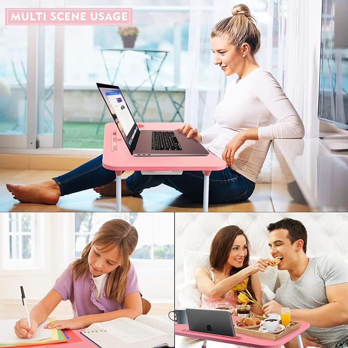Laptop Bed Table, Foldable Laptop Desk Bed Tray with Storage Drawer, Lap Desk TV Tray for Breakfast Serving, Notebook Stand Reading Holder with Phone Slot and Cup Holder for Sofa Couch Floor-Pink - Image 5