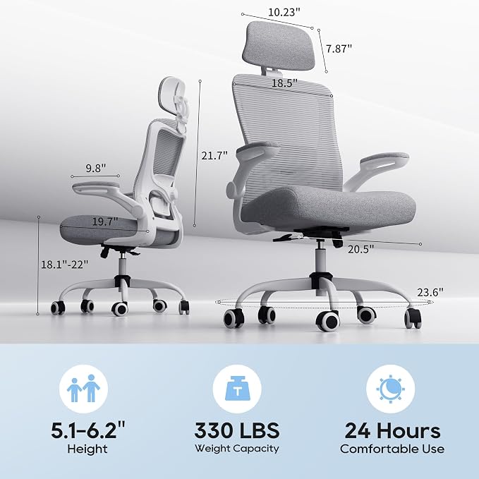 Ergonomic Office Chair for Long Hours, Adjustable Padded Lumbar Support for Lower Back Relief, 330 lb Capacity, Comfortable Computer Desk Chair for Home Office, Work & Study - Image 2