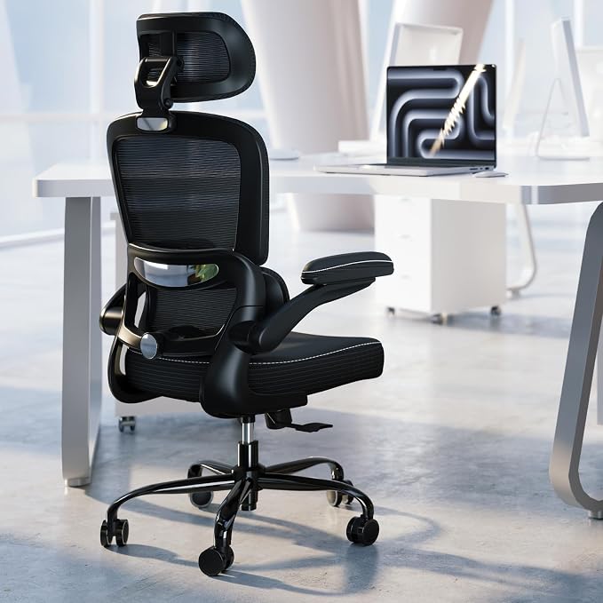 TRALT Ergonomic Office Chair Desk Chair with Adjustable Lumbar Support | Home Office Desk Chairs with Flip-up Armrests & 3D Headrest - Mesh Gaming Chair for Adults, 330lbs, PU Leather (Black, 6) - Image 2