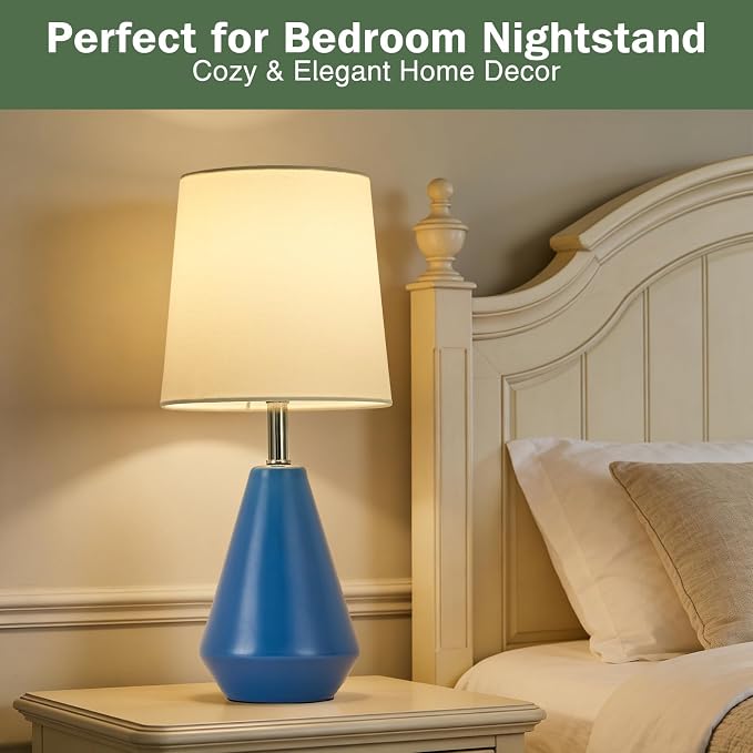 Small Bedside Table Lamp for Bedroom - Reading Desk Lamp with 3 Color Temperatures，15.5" Nightstand Ceramic Lamp with Fabric Shade for Kids Room,Living Room,Dorm,Home Office (Blue+White) - Image 3