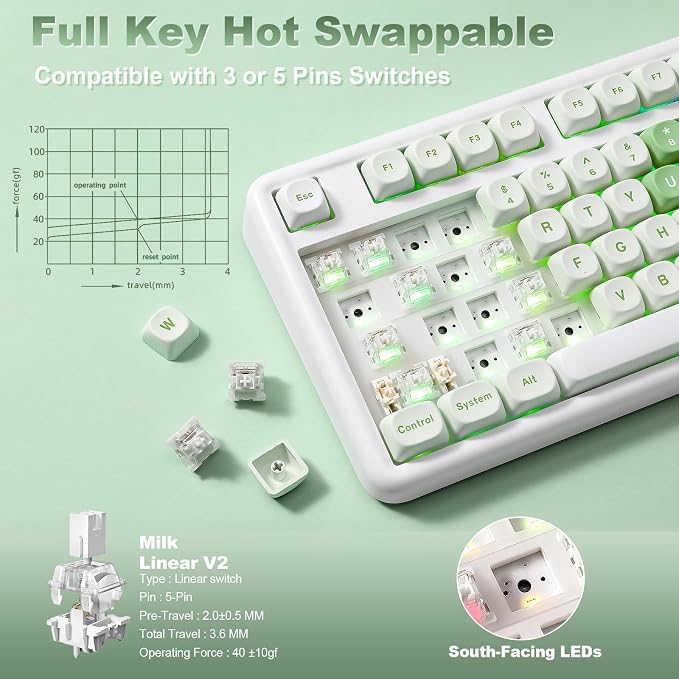 YUNZII B87 TKL Wireless Mechanical Keyboard (Matcha Heart, MilkV2) | QMK/VIA, Wrist Rest, CreamyTyping, Cute MOA Keycaps, Gasket Mount, Hot Swap, RGB Backlit, NKRO, BT/2.4G/USB-C, for Win/Mac - Image 6