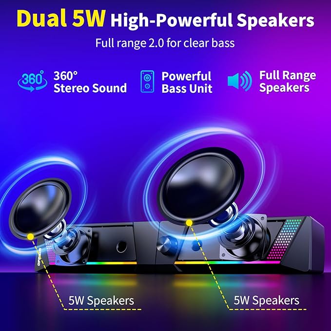 Computer Speakers, 2 in 1 PC Speaker , Gaming Speakers for PC Computer Laptop Desktop Monitor, RGB Speakers with Touch Sensitive Lighting, USB Powered 3.5mm Aux（Package Only Two Speaker, No Soundbar） - Image 3