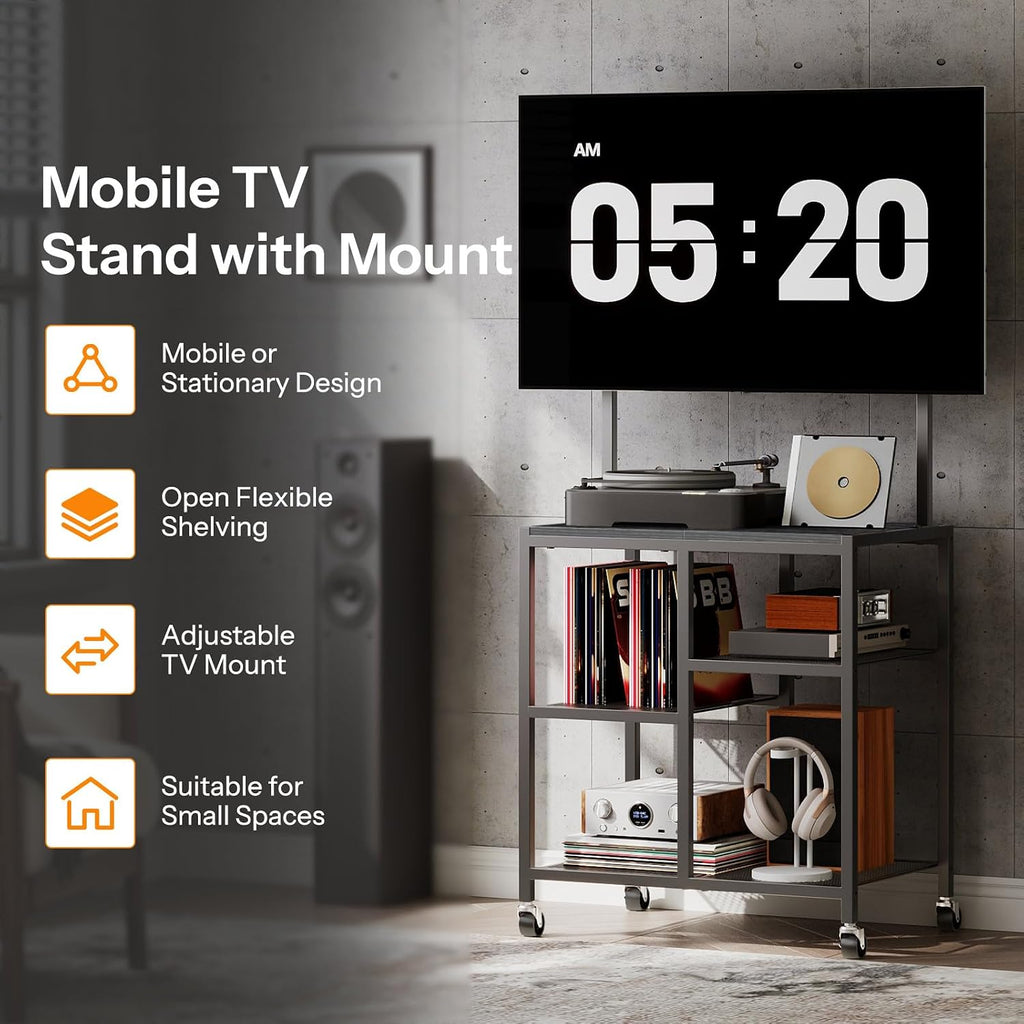 HOOBRO Small TV Stand with Wheels and Mount for 50 Inch TVs, Mobile Rolling TV Stand with Storage Shelves, Small Entertainment Center, for Living Room, Bedroom, Study, Black BB37DS01 - Image 4