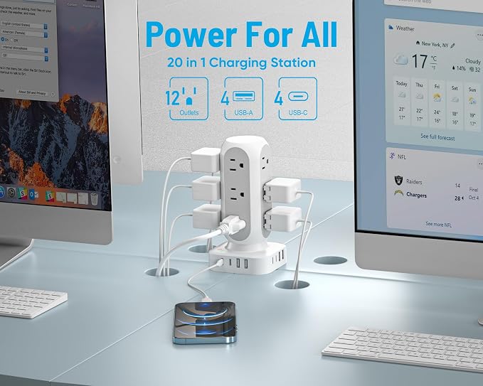 Flat Plug Power Strip Tower, TenTrend 40W Total Fast Charging Station, 15FT | 12 AC Outlets & 8 USB Ports (4 USB C), Dual PD 20W, 10FT Extension Cord for Desk Office Dorm Room - Image 2