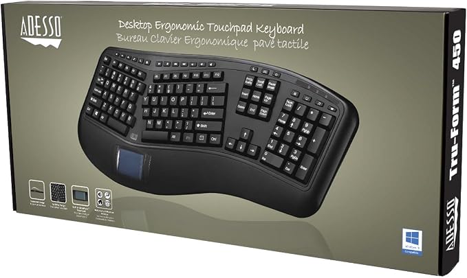 Adesso AKB-450UB Ergonomic Keyboard with Built-in Touchpad, Wired USB | Multimedia Hotkeys, Split Keys Design, Built-in Palm Rest for Comfort, Compatible for PC - Image 8