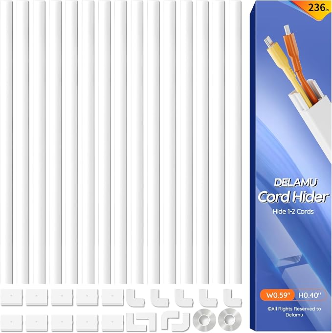 Delamu 236in Cord Hider, Professional Cable Cover Kit for Wall, TV Wire Hider for Wall Mounted TV, Raceway Cover on Management Wires, Cable Concealer, 0.59'' H x 0.40'' W, White by DELAMU
