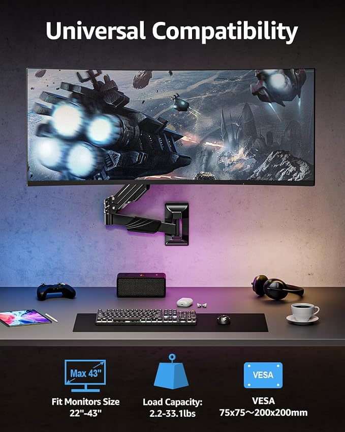 MOUNTUP Monitor Wall Mount for 22-43 Inch Curved Screens, Holds 2.2 to 33.1 lbs, Ultrawide Computer Monitor Wall Mount, Heavy Duty Wall Monitors Arm, 75x75 mm to 200x200 mm Vesa Mounts - Image 2