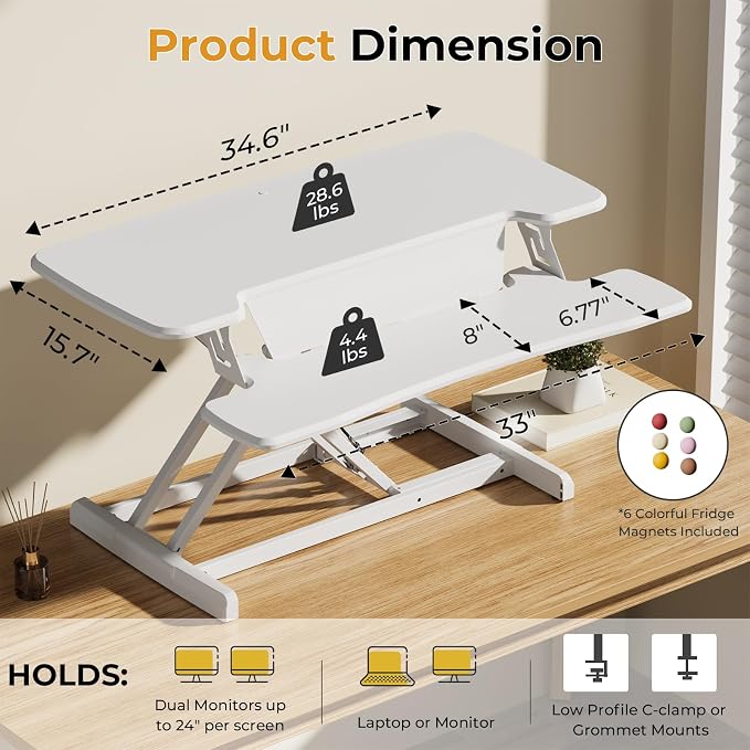 JOY worker Standing Desk Converter, 35" Height Adjustable Desk Riser, White | Sit Stand Up Desktop Riser with Keyboard Tray & 6 Fridge Magnets, Converter Workstation for Home Office Dual Computer Laptop - Image 3