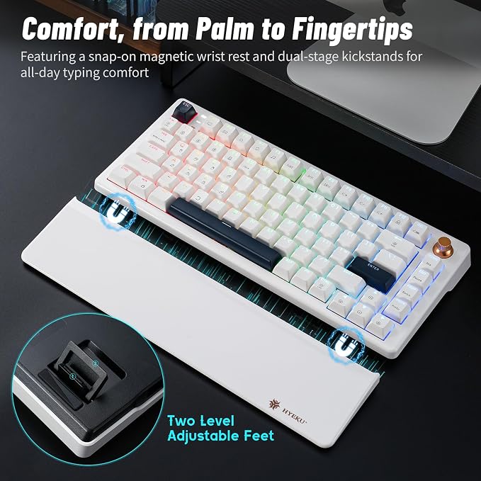 Hexgears 75% Wireless Mechanical Keyboard with Knob, Hot Swappable Creamy Keyboard with Wrist Rest, Pre-lubed Linear Switches, 2.4GHz/Type-C/BT5.0, RGB Backlit Gaming Keyboards for Win/Mac (White) - Image 7