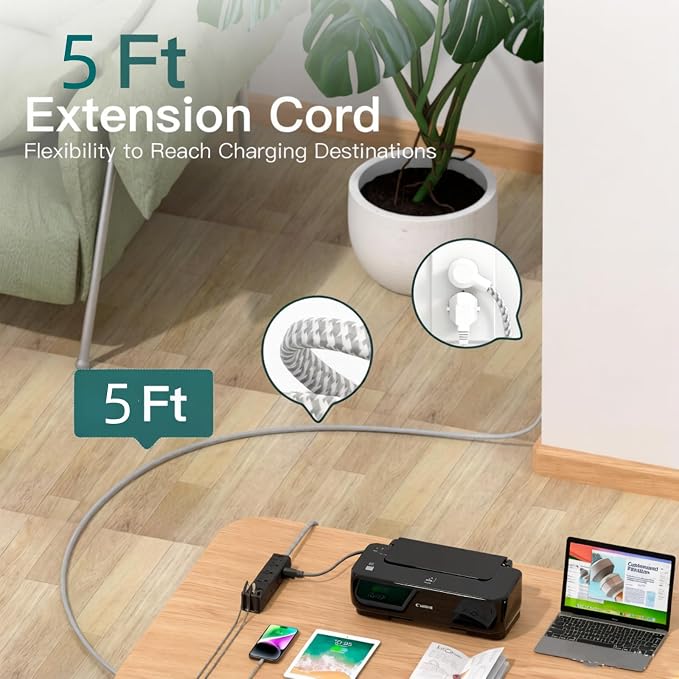 Power Strip Surge Protector with 12 AC Outlets 4 USB, 5FT Extension Cord | Flat Plug Power Strip, Wall Mount Outlet Extender, 1050J, Desk Charging Station for Home Office Gaming Setup, ETL Listed - Image 3