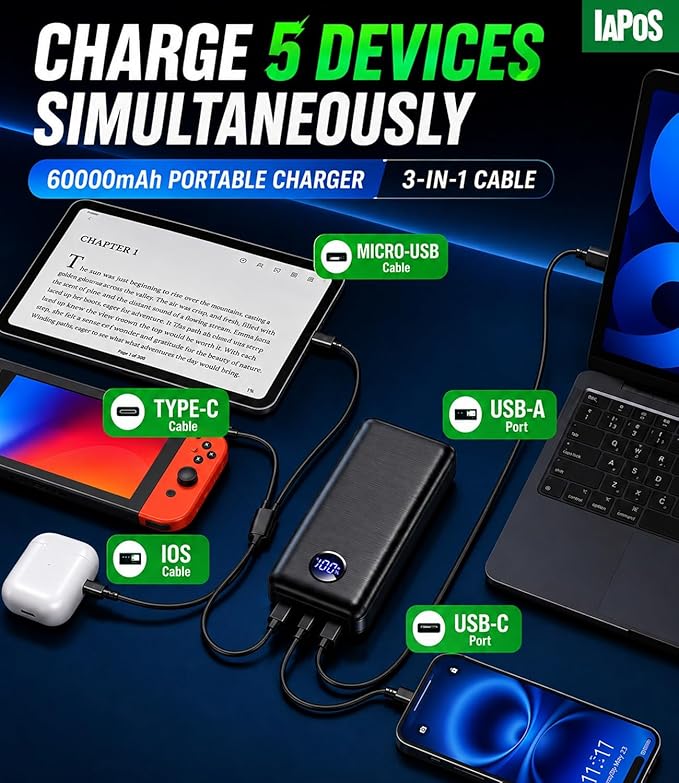 IAPOS Portable Charger 60000mAh, 5-Device Charging Power Bank Battery Pack | 22.5W PD Fast Charge, 3-in-1 Cable(USB-C/iOS/Micro-USB), High-Capacity, LED Display, for iPhone/iPad/Android, Camping/Outdoor - Image 4