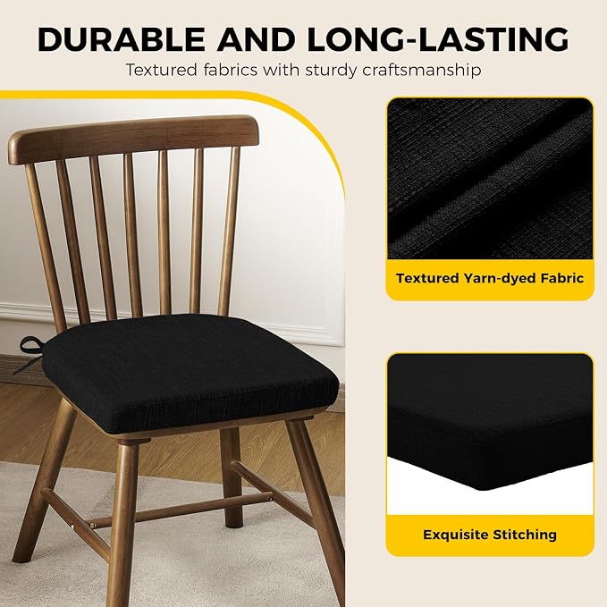 downluxe Indoor Chair Cushions for Dining Chairs, Soft and Comfortable Textured Foam Kitchen Chair Pads with Ties and Non-Slip Backing, 16" x 16" x 2", Black, 4 Pack - Image 6