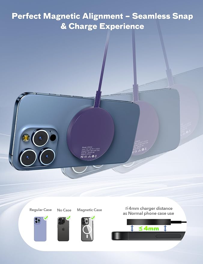 Bohuma Magnetic Wireless Charger for iPhone – 15W Fast Charging Pad with Dual Ports - Compatible with iPhone 12-17 & AirPods 4 3 2 Pro – Purple Sleek Aluminum Alloy Design for Home, Office & Travel - Image 3