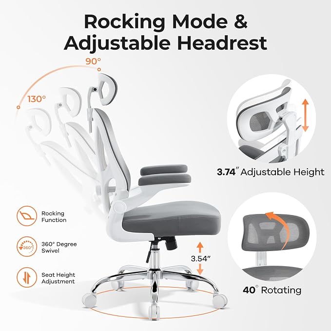 Ergonomic Office Chair, Mesh Office Desk Chair, Grey, 1 Pack | Lumbar Support, Head Support, Rocking Function, Flip-up Armrests, Mesh High Back, Suitable for Home, Office - Image 5