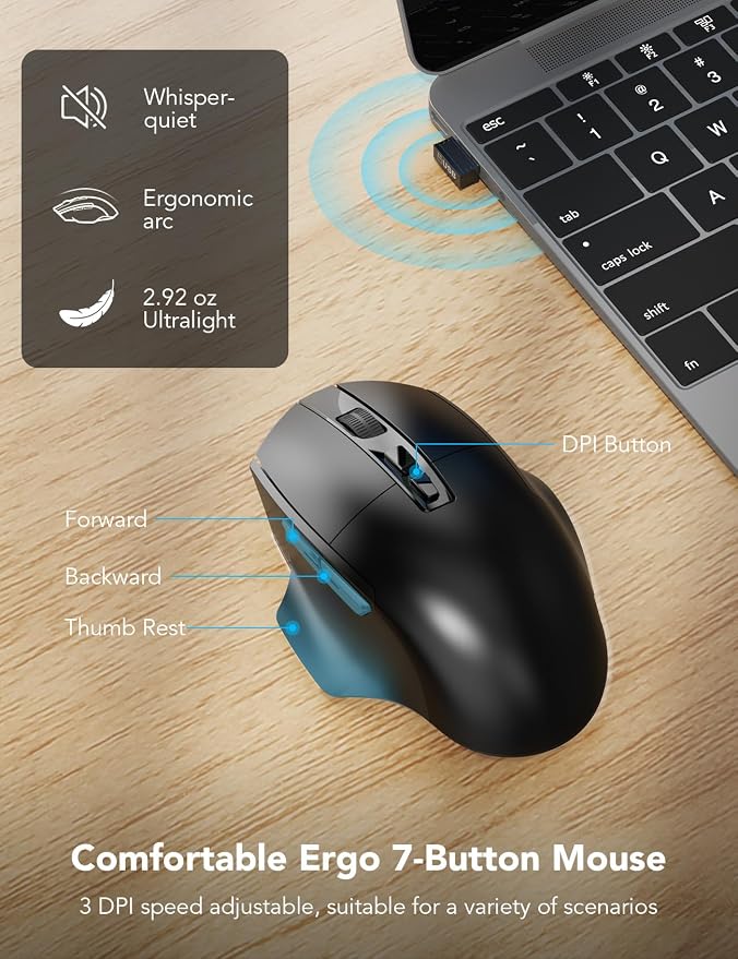 Wireless Keyboard and Mouse Combo with Ergonomic Wave Keys | Leather Soft Palm Rest, 2.4G Full Size, 6-Button Mouse, 4-Level DPI, USB-A/C, MA12 Silent Set for PC, Laptop, Windows, macOS - Image 5