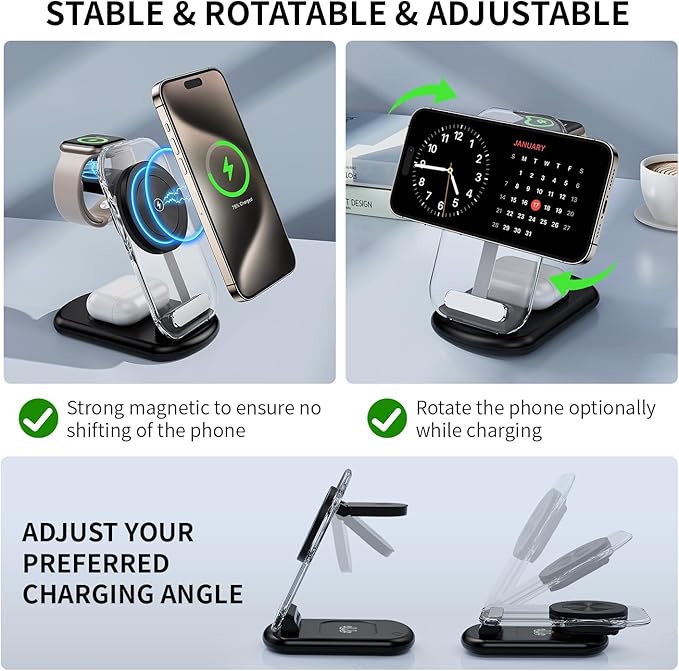 2026 Traveling Wireless Mag-Safe Fast Charging Station | Magnetic 3 in 1 Charger with Light for iPhone 17 16 15 14 13 12 Pro Max Plus,Apple Watch & Air pods 4 3 2 Pro(Black) - Image 5