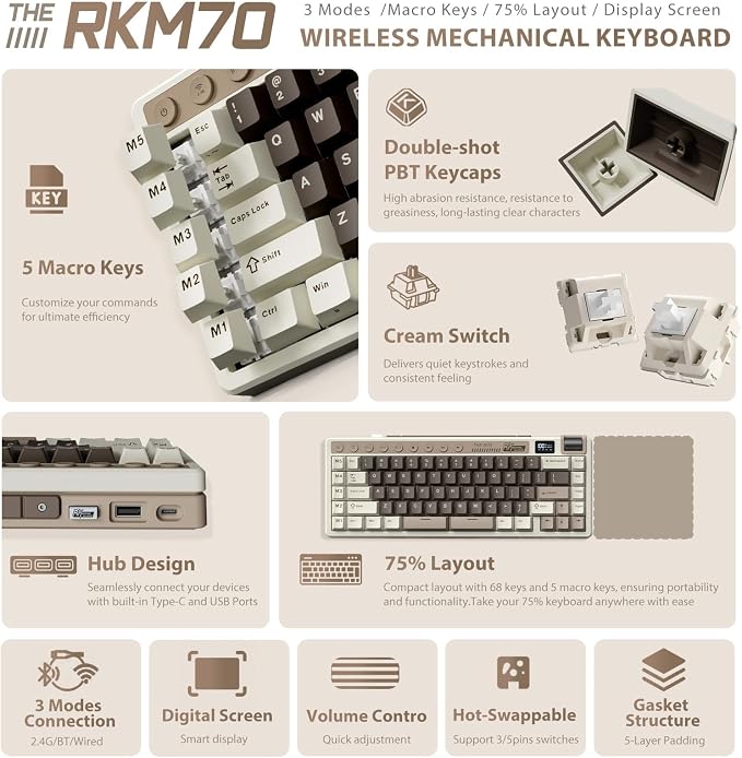 RK ROYAL KLUDGE M70 Wireless Mechanical Keyboard with Display/Macro Keys | Massive 6000mAh Creamy Gaming Keyboard w/Macro Keys/Digital Screen/Knob, Hot Swappable 75% Wireless Keyboard BT/2.4G/USB-C - Image 2