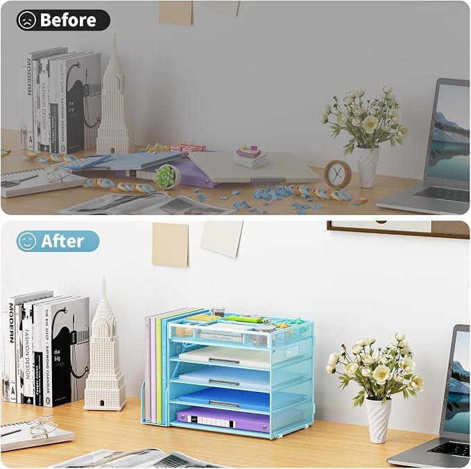 Marbrasse 5-Tier Desk Organizer with File Holder,Paper Letter Tray Organizer,Desktop File Organizer with Adjustable Compartments,Mesh Desk Organizers and Accessories for Office Supplies,Blue - Image 5