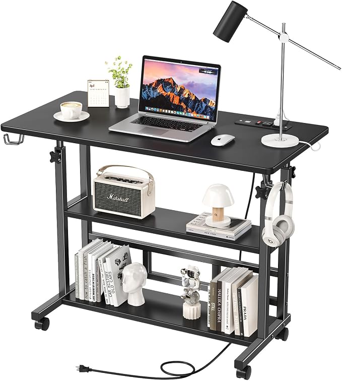 Adjustable Height Standing Desk with Power Outlets, Rolling Stand Up Desk with Storage Shelves, 31.5" Small Mobile Computer Desk, Portable Laptop Table (Black) by BYMECOST