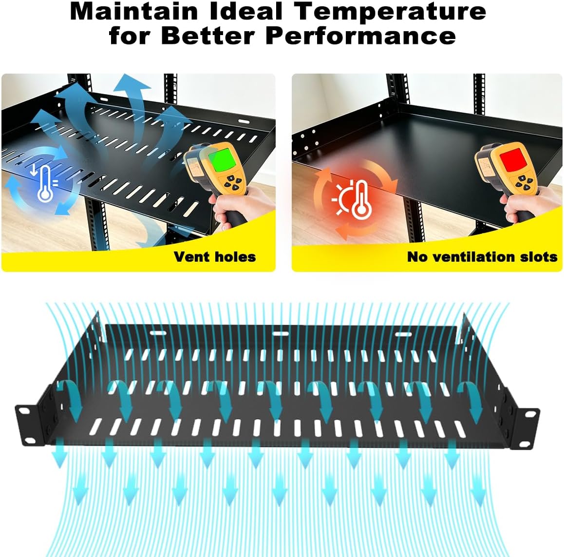 1U Vented Rack Shelf 8" Deep 44 lbs Capacity No Front Lip - Image 5