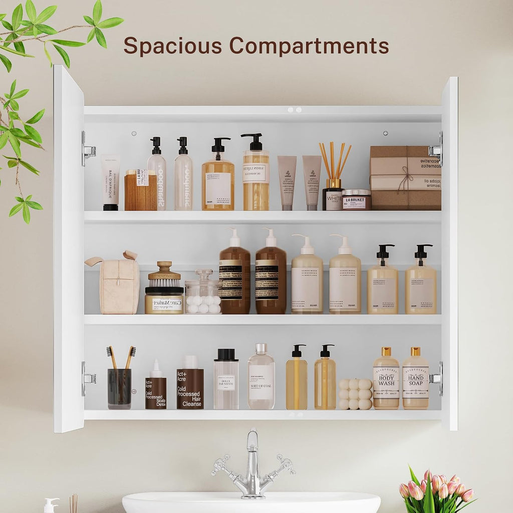 Medicine Cabinet Mirror with 2 Doors, Mount or Recessed Bathroom Wall Cabinet, Bathroom Mirror with Storage 3 Adjustable Shelves, White, 27.6 x 22.1 inch - Image 3