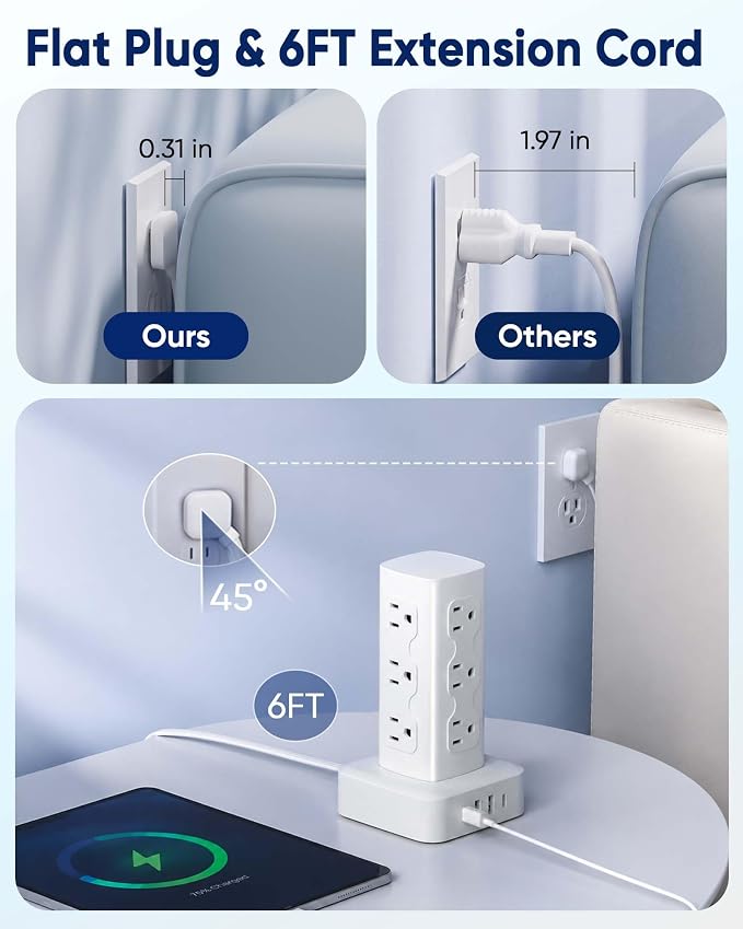 Power Strip Tower Surge Protector(2000J), Flat Plug Charging Station Tower with 12 AC Outlets & 4 USB Ports(2 USB C), 6FT Extension Cord for Home Office Dorm, White - Image 5