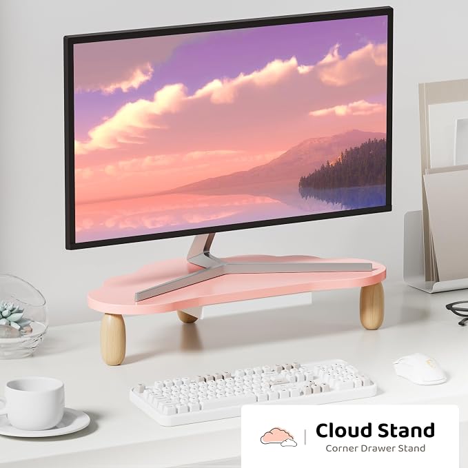AFOOYO Monitor Stand Riser,Cloud-Shaped Sturdy Wood 16.5In Computer Monitor Riser Wirh Drawer, Multi-Purpose Desktop Organizer Riser for Computer,Laptop,Printer,TV,Pink - Image 2