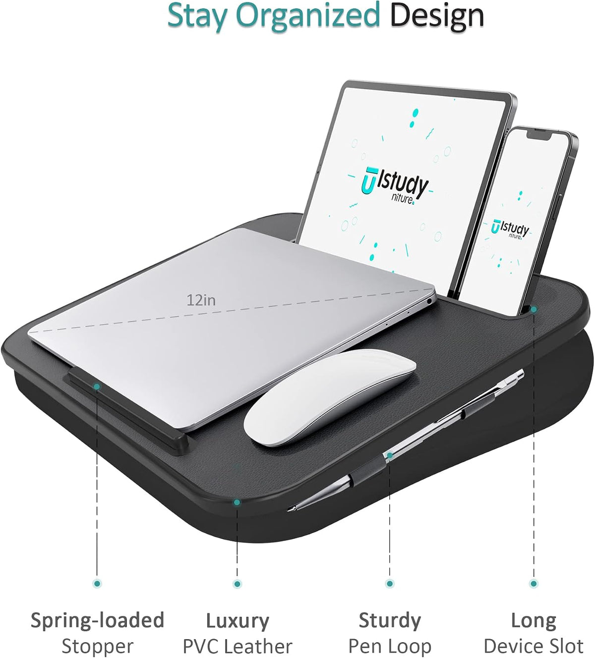 Istudyniture Lap Desk | Portable Laptop Desk & Stand – Fits Up to 15.6 inch – Washable Cushion, Built-in Phone Holder – for Bed, Couch, Sofa, Floor – Writing, Reading, Home Office – Small, Black - Image 7