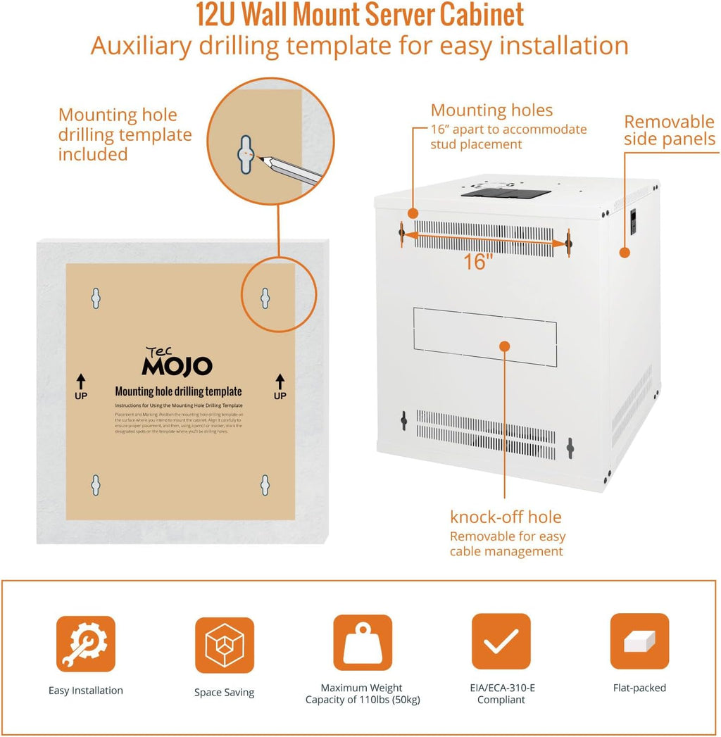 Tecmojo 12U Wall Mount Rack Network Cabinet for 19" IT Equipment,with Lockable Glass Door and Side Panels,Cooling Fan,17.7inch Depth,White - Image 5