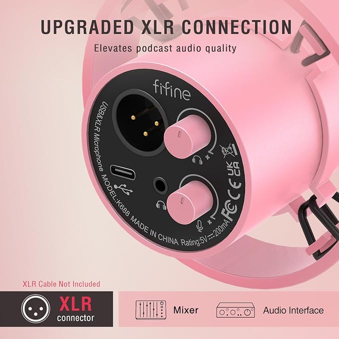 FIFINE AmpliTank K688P XLR/USB Dynamic Microphone, Vocal Podcast Mic | Streaming Microphone with Shock Mount, Mute Button, Gain Knob, Headphones Monitoring, for Recording Voice-Over, Video, Pink - Image 3