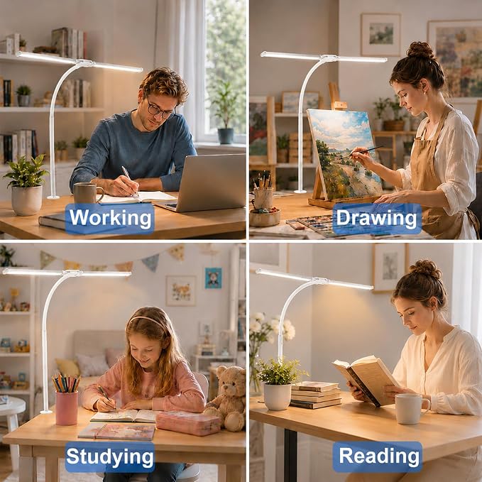 Desk Lamps for Home Office, Computer Light Bar, Double Head, White | Eye-Care Architect Light with Clamp, 3 Color Modes 10 Brightness, Adjustable for Reading, Study, Workbench - Image 7