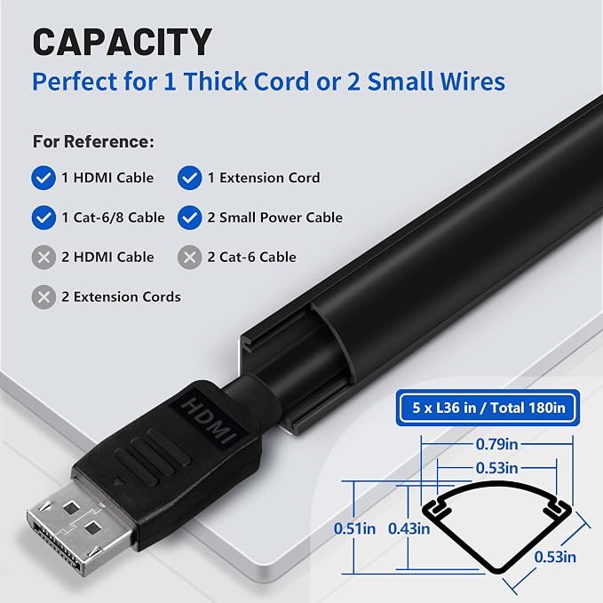 ZhiYo 15ft Corner Cable Hider for 1 Cord, Hide Wires on Wall Corner, Black | Self-Adhesive Cable Concealer, 5 Pack (3ft Each), Quarter Round Cable Management Raceway for Baseboards & Ceiling Corners - Image 2
