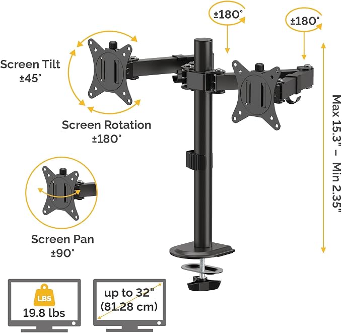 Fellowes Everyday Adjustable Dual Monitor Arm – Holds Two Screens up to 32" (inch) Weighing 19.84 lbs Each, Tilt, Swivel, Rotate, VESA 75/100, Clamp or Grommet Mount, Cable Management - Image 3