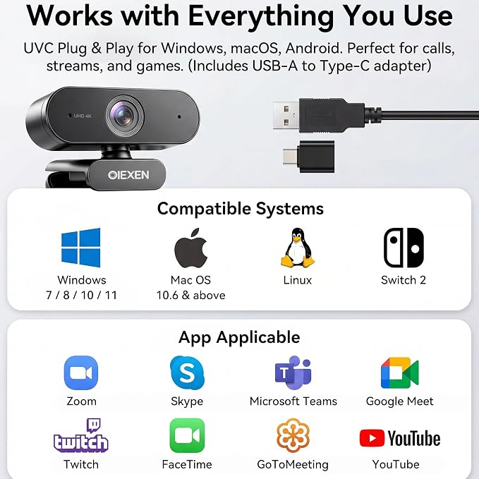 4K Ultra HD Webcam with 1/2.8"CMOS Sensor,PDAF Autofocus,1080P@60FPS | Dual Noise-Canceling Mics,Privacy Cover,USB Streaming Webcam for PC/Mac,Gaming,Video Calling,Live Streaming&Meetings - Image 8