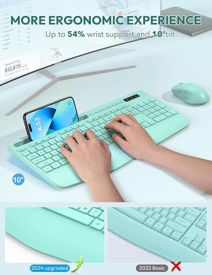 Wireless Keyboard and Mouse Combo, 2.4GHz, Ergonomic Wrist Rest | Full Size, 3-Level DPI, Phone Holder, Silent Typing, KM23D Batteries Powered Set for PC, Laptop, Windows, macOS (Mint Green) - Image 2
