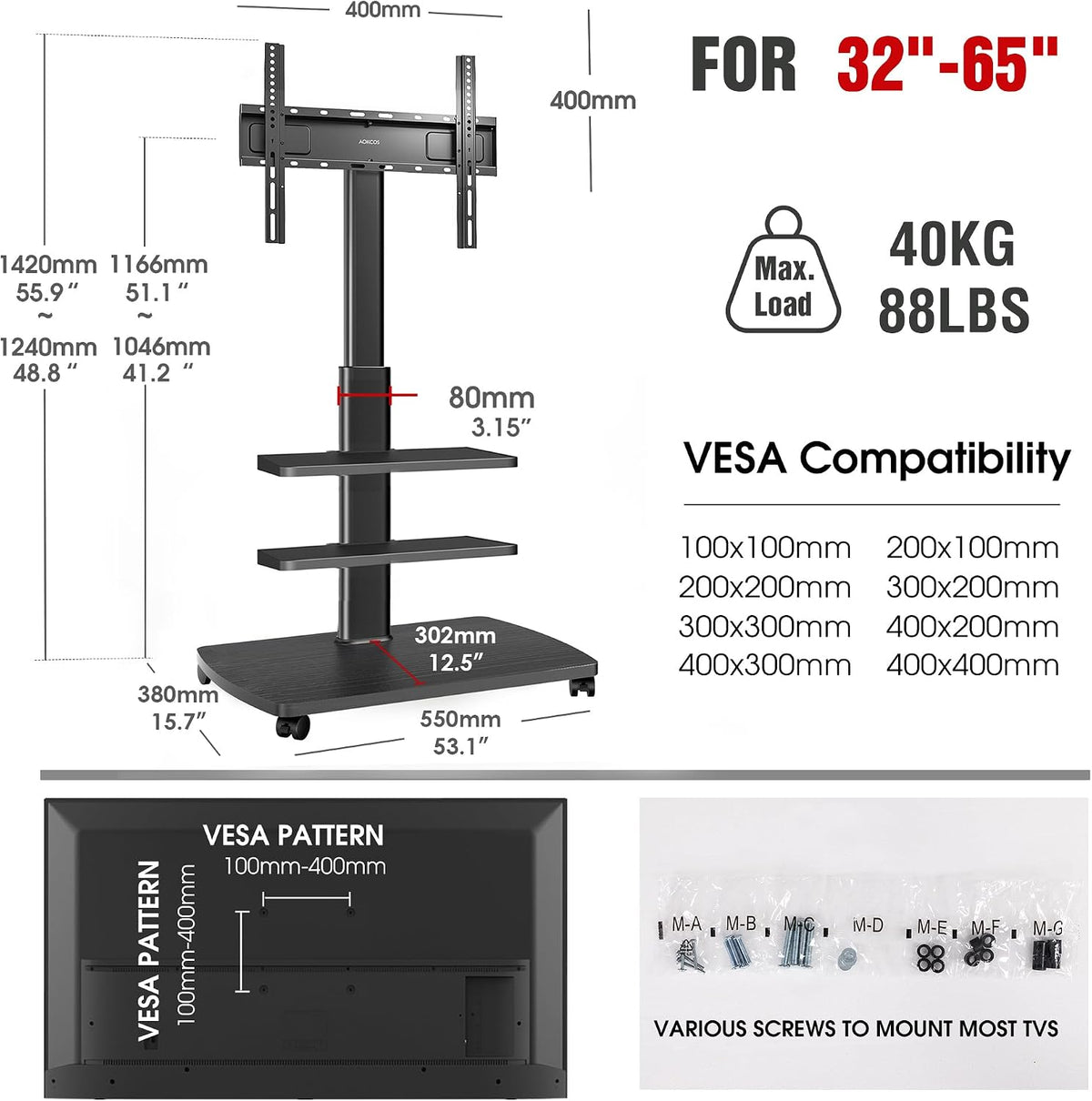 Rolling TV Stand for 32-65 Inch TVs with 2 Shelves, Mobile TV Cart on Wheels, 8-Level Height Adjustable TV Floor Stand with Swivel & Tilt Mount for Bedroom, Living Room, Office - Image 2