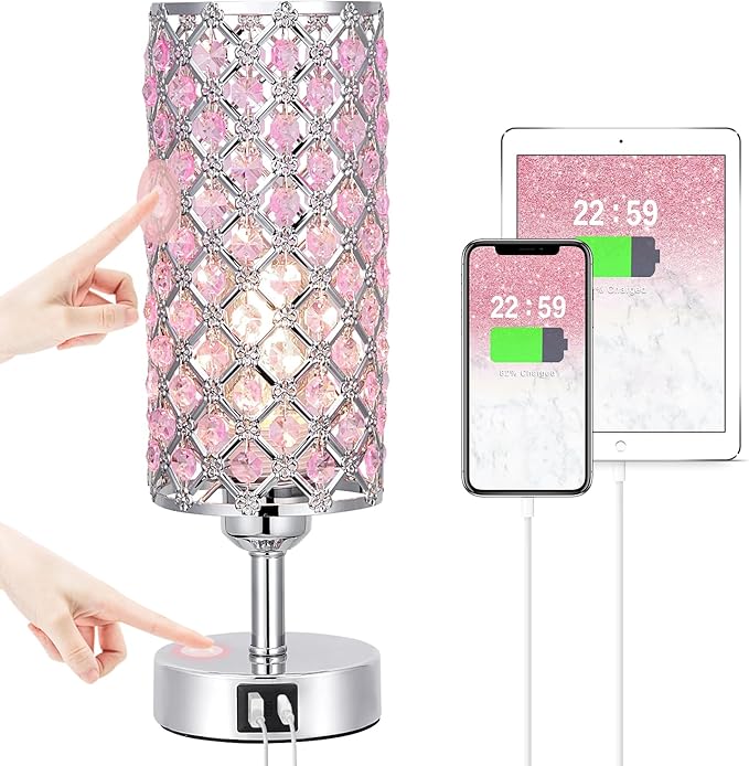 Crystal Table Lamp, 3 Way Dimmable Touch Lamps for Night Stands, Pink | Pink Crystal Touch Lamp with USB C+A, 3-Way Dimmable Bedside Lamp by Hong-in