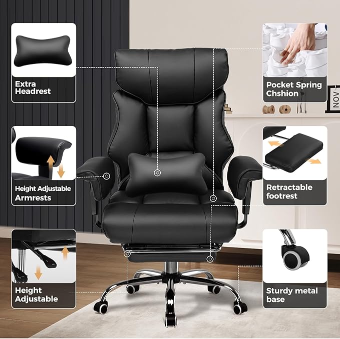 GTPLAYER Big and Tall Gaming Chair 400lbs Heavy Duty Office Chair with Foot Rest & Ergonomic Pocket Spring Cushion, High Back Lumbar Support for Lower Back Pain Relief, Ergo Black - Image 6