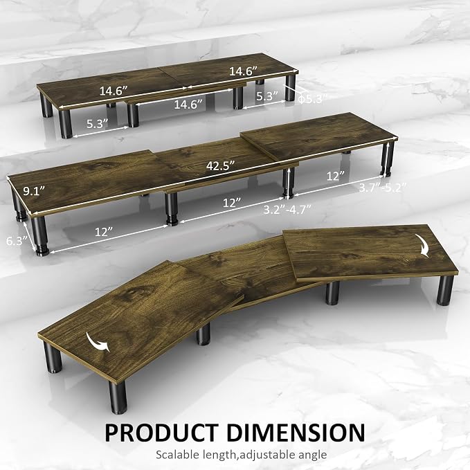 Dual Monitor Stand Riser, Monitor Stand with Adjustable Length and Angle, Wood Monitor Stand for Desk, Monitor Riser for 2 Monitors with Storage Space - Image 5