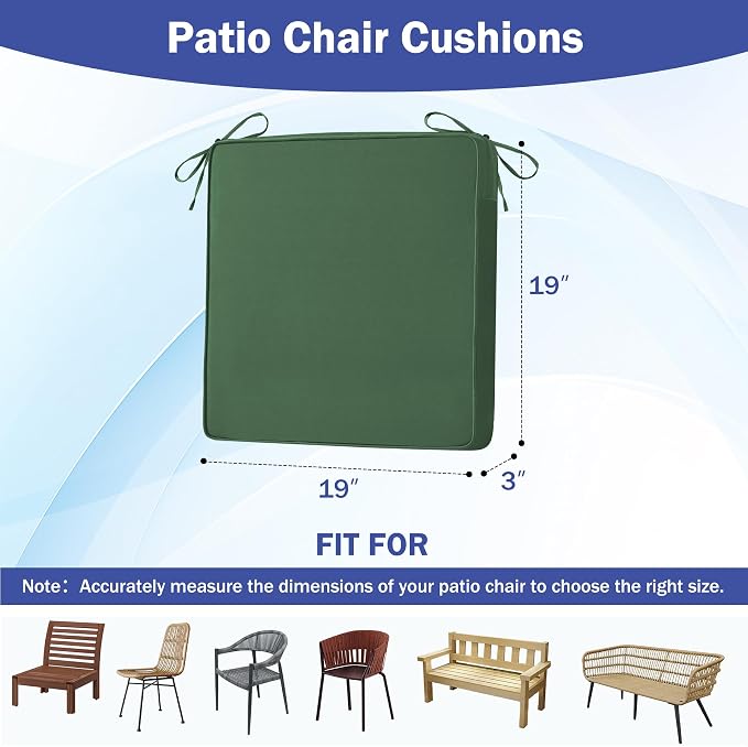 IASEAHK Patio Chair Cushions, 19" x 19" x 3" Outdoor Chair Cushions Set of 4, Waterproof Outdoor Cushions for Patio Furniture, Outdoors Seat Cushions with Handle and Ties, Forest Green - Image 2